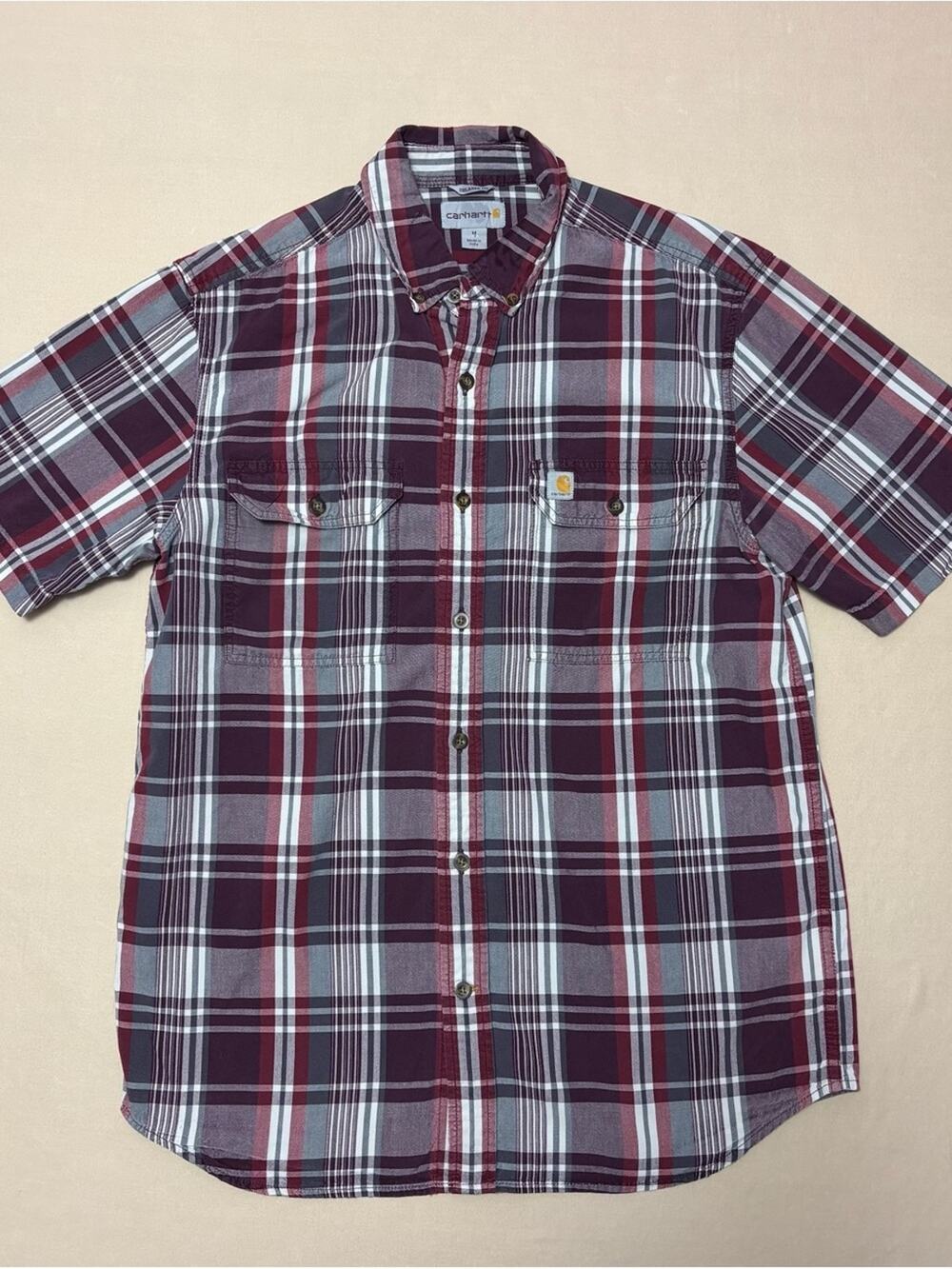 Carhartt Men’s Burgundy and White Plaid Short-Sleeve Button-Down Shirt Size M